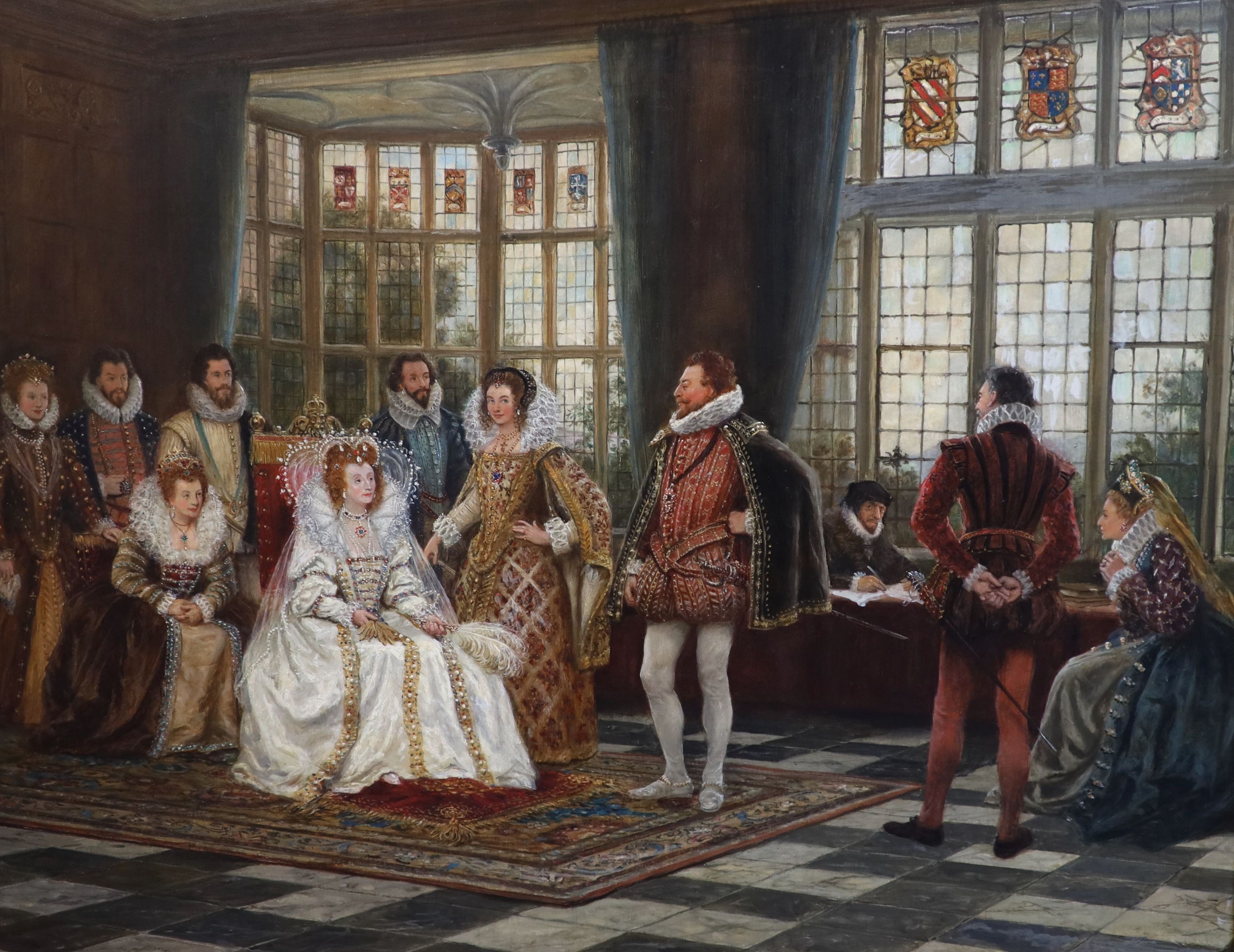 Frank Moss Bennett (1874-1953), ‘Queen Elizabeth and Drake’, oil on canvas, 60 x 75cm.